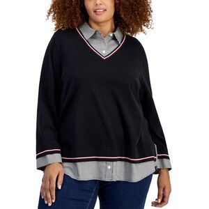 Tommy Hilfiger Womens Plus Size Plaid Layered-Look Cotton Sweater 2X Black Multi